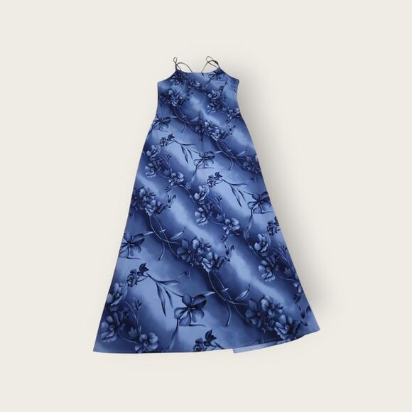 Vintage Y2k DBY blue floral graphic lace up back spaghetti strap maxi dress - Picture 1 of 5